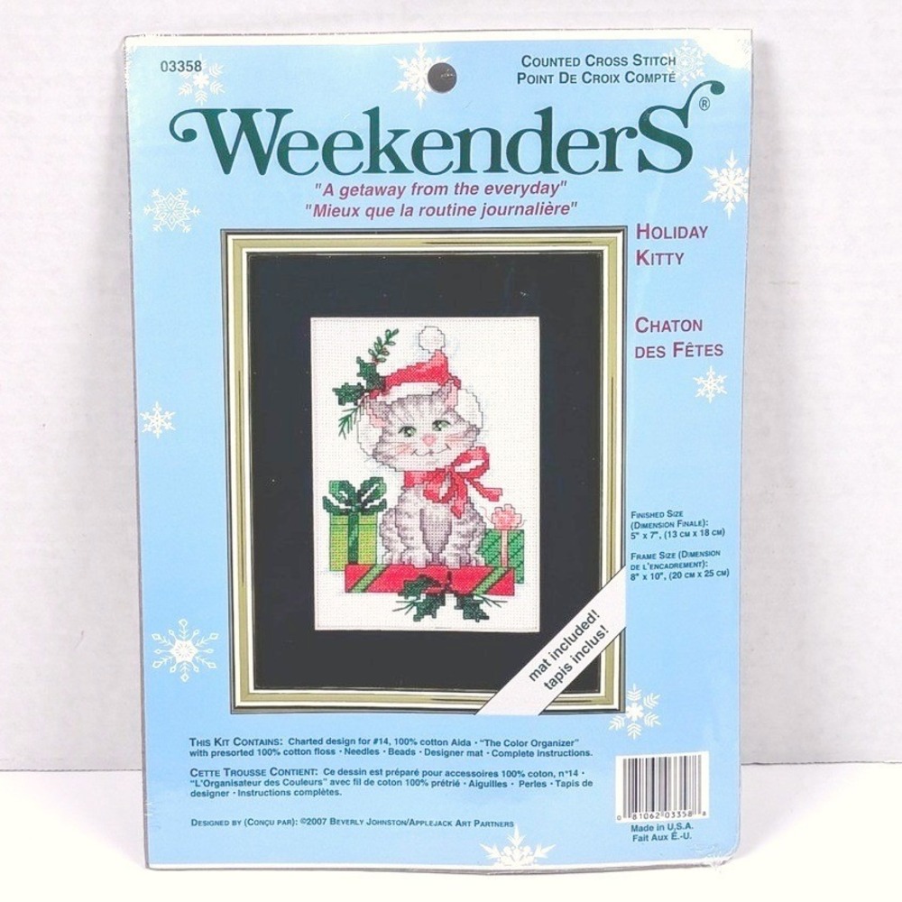 Vintage Weekender Christmas Holiday Kitty Cross Stitch Whimsical With Mat NEW